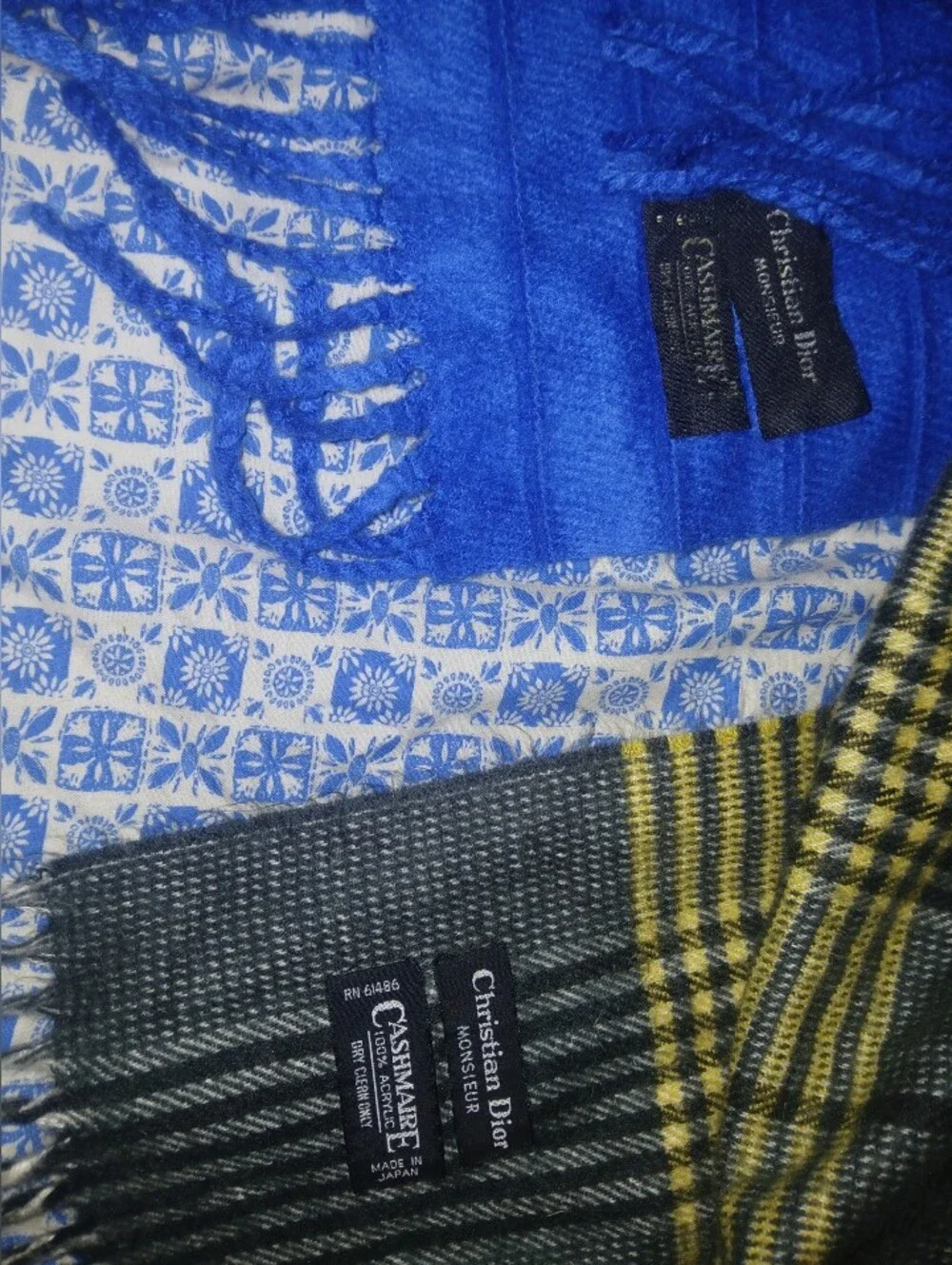 Christian Dior Monsieur 2 Soft Plush Scarfs Blue And Plaid Print